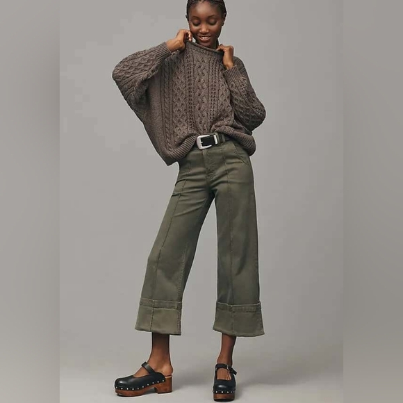Anthropologie - Pilcro Wide-Leg Cuffed Pants - Olive Green - Picture 1 of 12